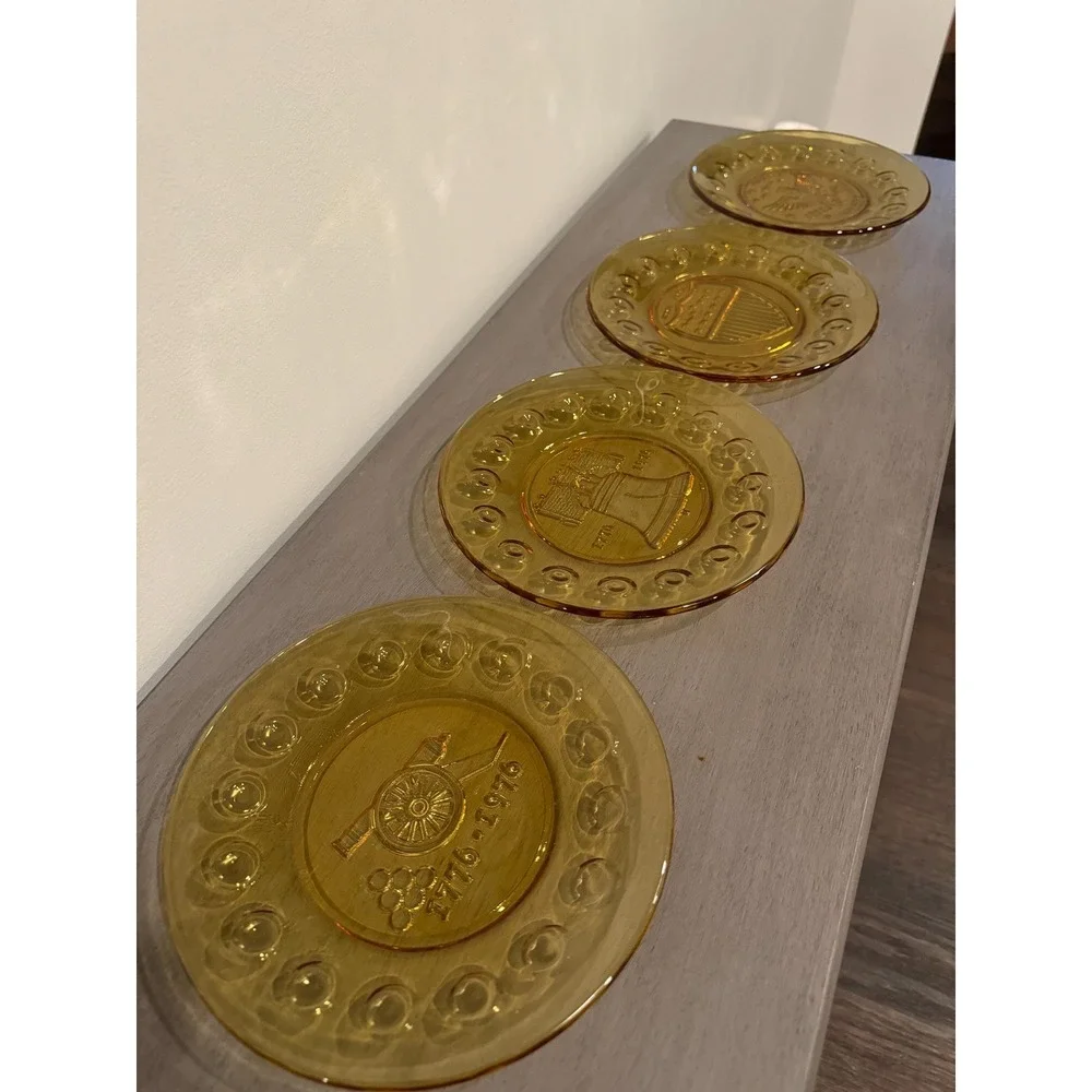 1976 Bicentennial Plates Set of 4‎ Anchor Shocking Amber Glass Vintage